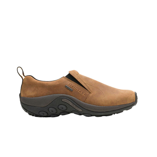 Brown slip-on shoe with black sole and pull tab, side view