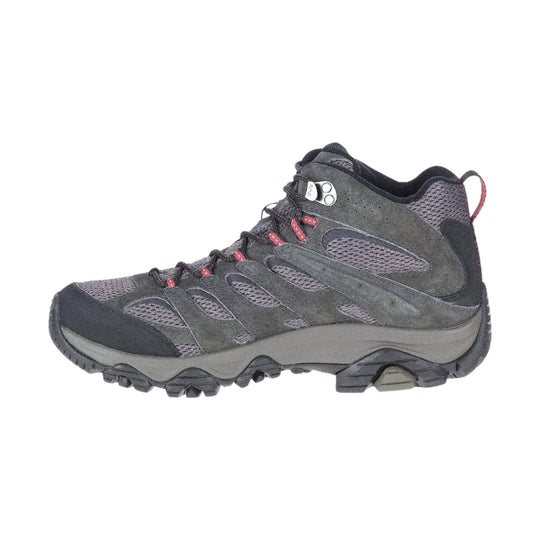 Dark gray mid-height hiking boot with black toe cap, mesh panels, and red lace loops