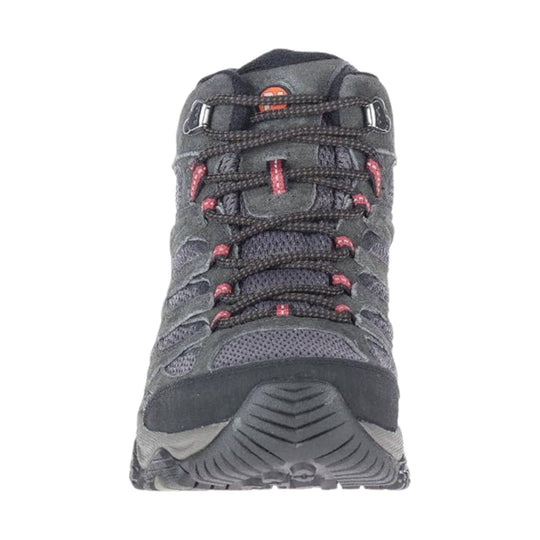 Gray mid-height hiking boot with black laces and red accents, shown from the front