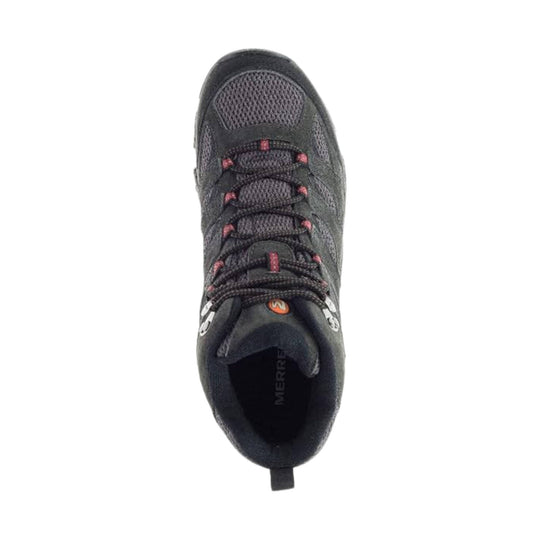 Black mid-top hiking boot with mesh upper, red lace loops, and Merrell branding on the insole