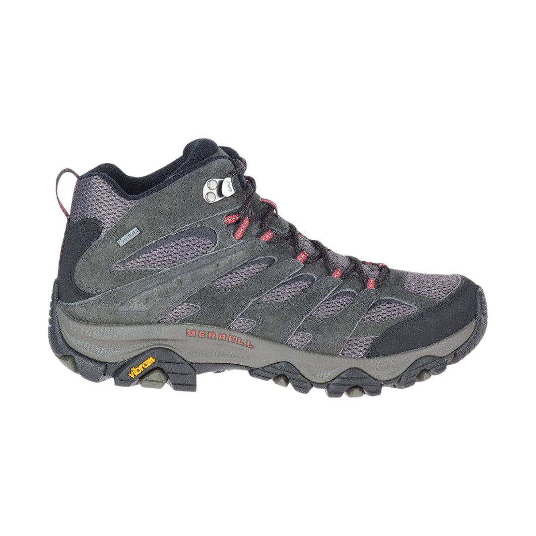 Dark gray mid-height hiking boot with mesh panels, red lace loops, and a lugged sole