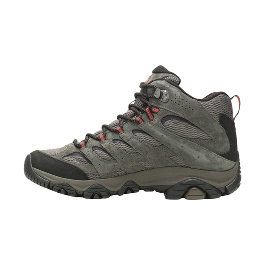 Gray mid-top hiking boot with black toe cap, mesh panels, and red lace accents