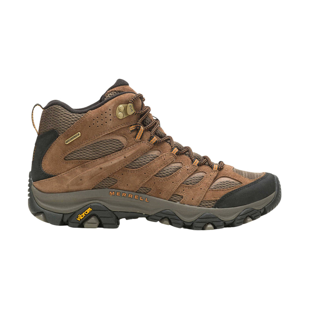 Brown mid hiking boot with black toe cap, mesh panels, and lugged sole