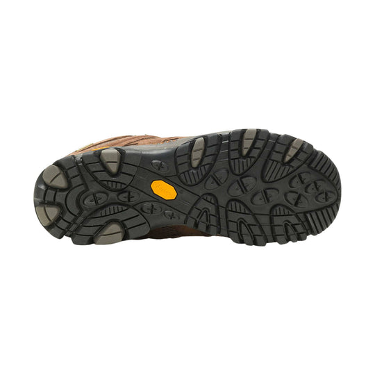 Outsole of a brown hiking boot with black tread and gray rubber lugs
