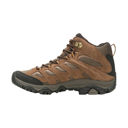 Brown mid-height hiking boot with suede overlays, mesh panels, and black rubber toe cap