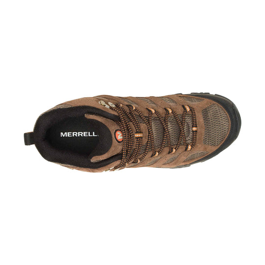 Brown and black mid-height hiking boot with mesh panels, bungee laces, and MERRELL branding