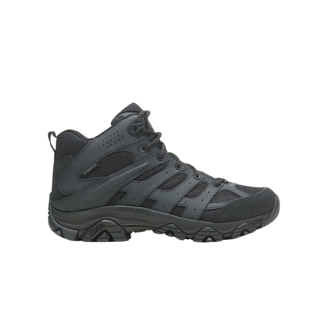 Black mid-height hiking boot with mesh panels, laces, and a rugged treaded sole
