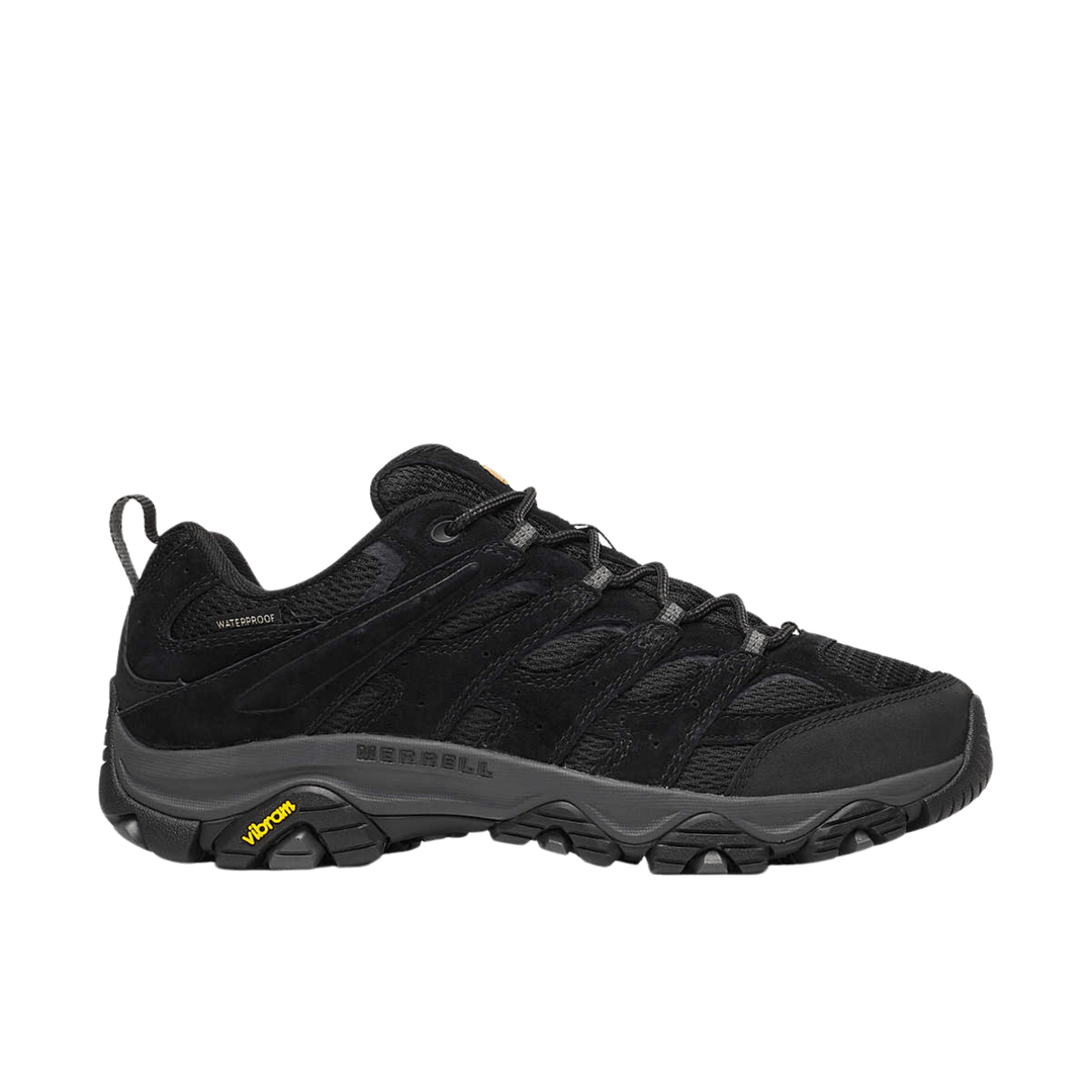 Black waterproof hiking shoe with mesh upper, laces, and Vibram sole