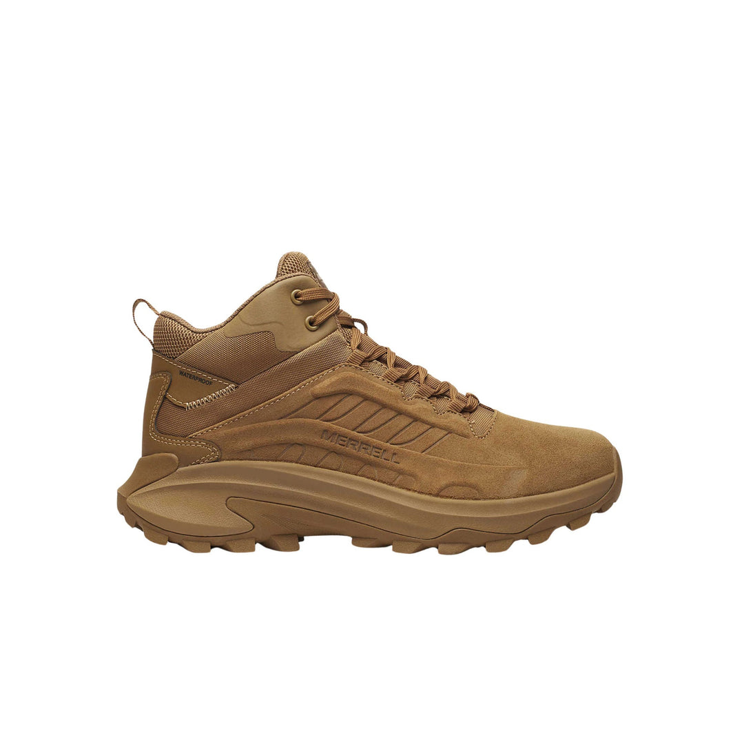 Brown mid-top hiking boot with mesh panels, bungee laces, and a rugged tread sole