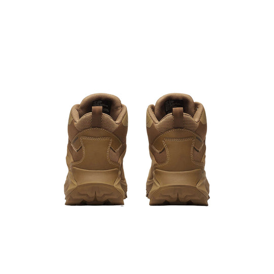 Pair of brown mid-height tactical boots shown from the back