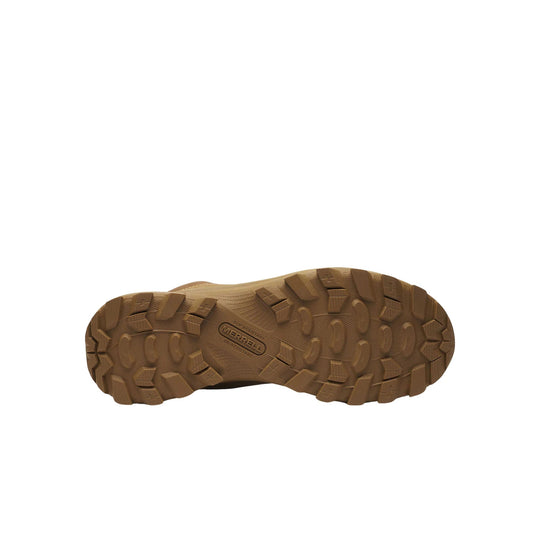 Brown boot outsole with deep tread and Merrell branding