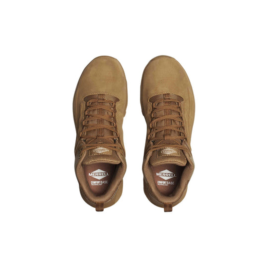 Pair of tan mid-top tactical boots viewed from above with mesh laces and visible interior branding
