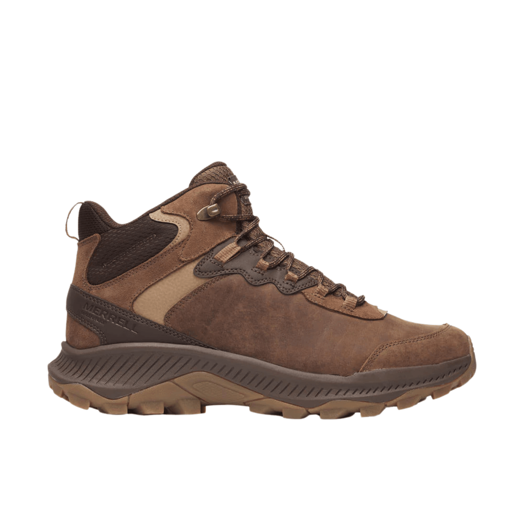 Brown mid-cut hiking boot with leather overlays, bungee laces, and a rugged lug sole