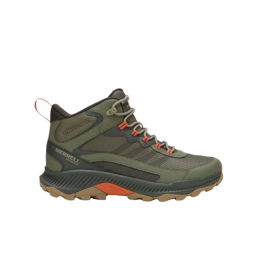Olive mid-height hiking boot with orange lace loops and rugged tan outsole