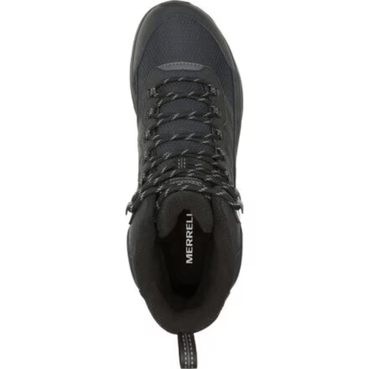 Black waterproof hiking boot with lace-up front and padded collar, top view