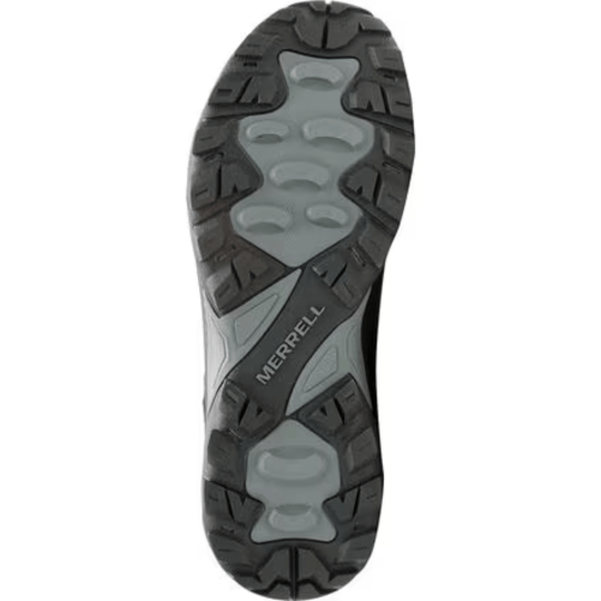 Boot outsole with deep black tread, gray rubber center panels, and visible MERRELL text