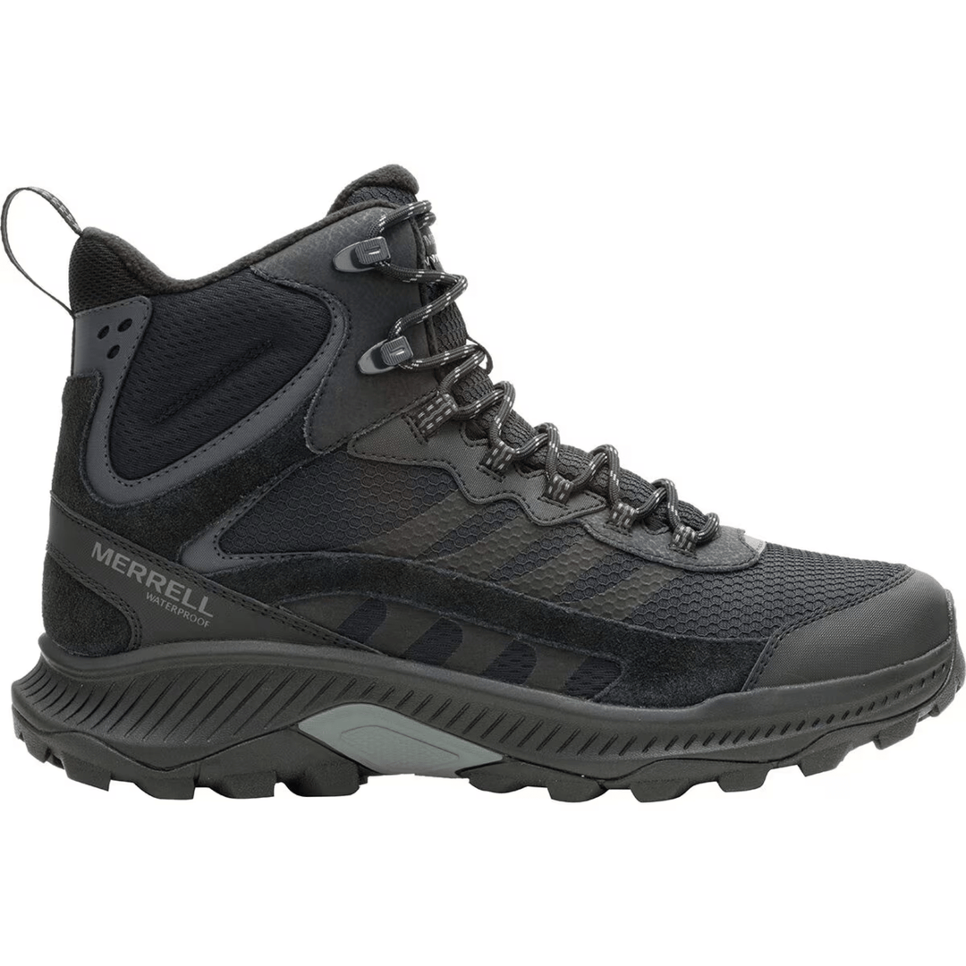 Black mid-top hiking boot with bungee laces, mesh panels, and lugged outsole