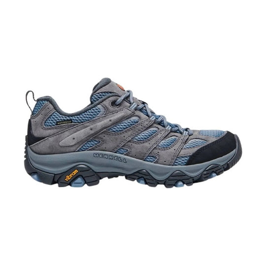 Gray and blue waterproof hiking shoe with mesh panels, laces, and black toe cap, side view
