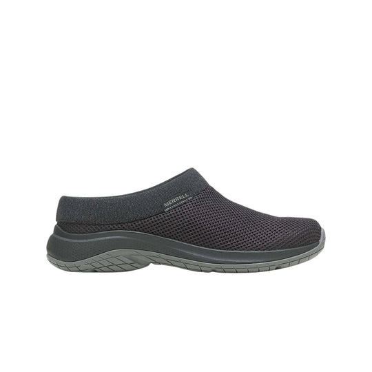 Black mesh slip-on clog with a thick cushioned sole