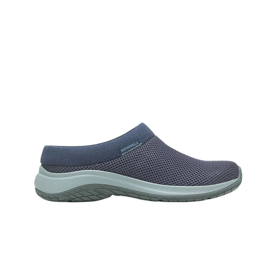 Navy mesh slip-on clog shoe with a light blue cushioned sole, shown in side profile