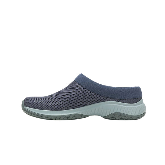 Navy slip-on clog with mesh upper and light gray cushioned sole, side view