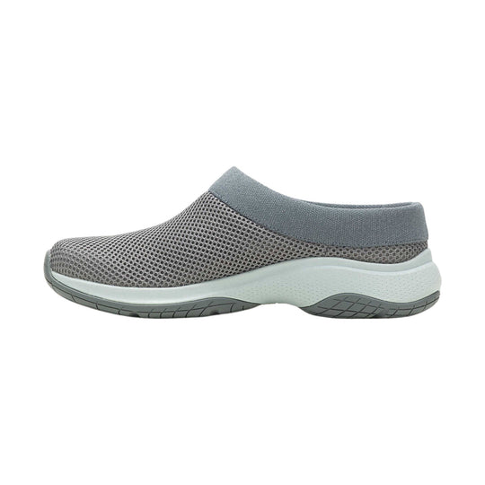 Gray slip-on clog with mesh upper, cushioned collar, and white midsole