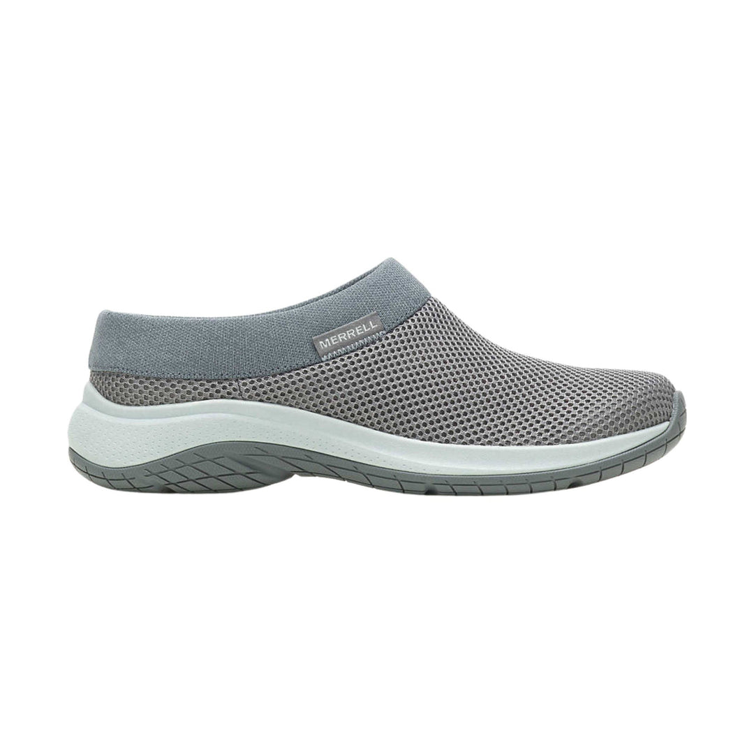 Gray mesh slip-on clog with white midsole and dark gray outsole