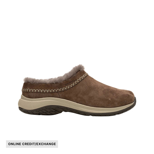 Brown slip-on winter clog with faux-fur lining, stitched side detail, and a beige-and-black sole
