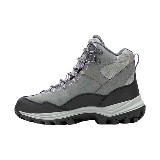 Gray and black mid-height hiking boot with purple laces and a rugged treaded sole