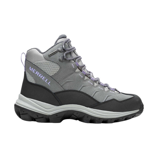 Gray mid-height hiking boot with black sole, purple laces, and side branding