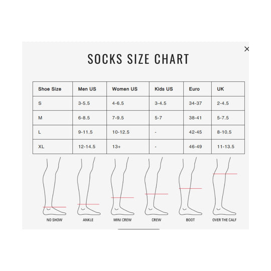 Socks size chart showing shoe-size ranges for S, M, L, and XL with no-show through over-the-calf lengths