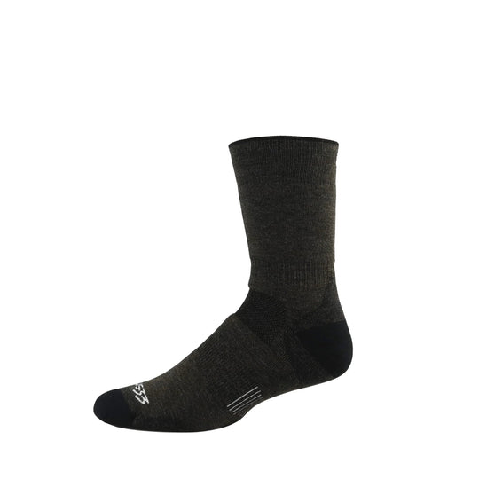 Black crew wool sock with visible gray logo near the toe