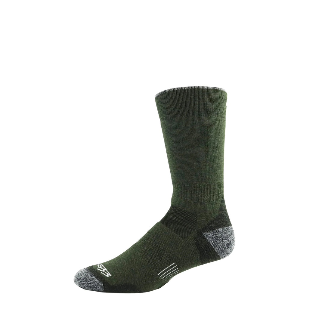 Olive green crew sock with gray toe and heel padding