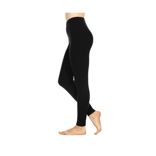 Black full-length leggings shown on a model in side view