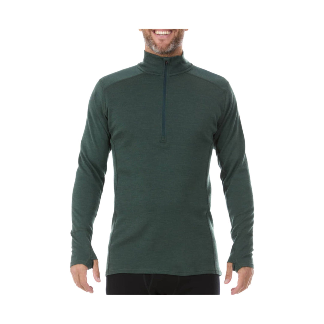 Dark green long-sleeve quarter-zip pullover with a mock neck and thumbhole cuffs