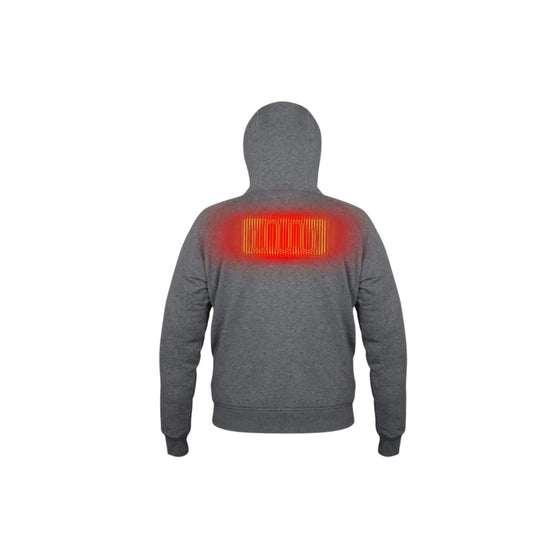 Dark gray hooded sweatshirt shown from the back with a glowing red heated panel across the upper back