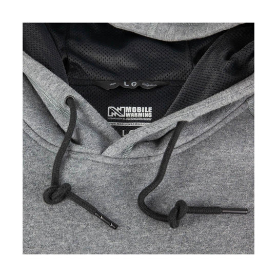Gray pullover hoodie with black drawstrings and black mesh lining, shown with the hood open