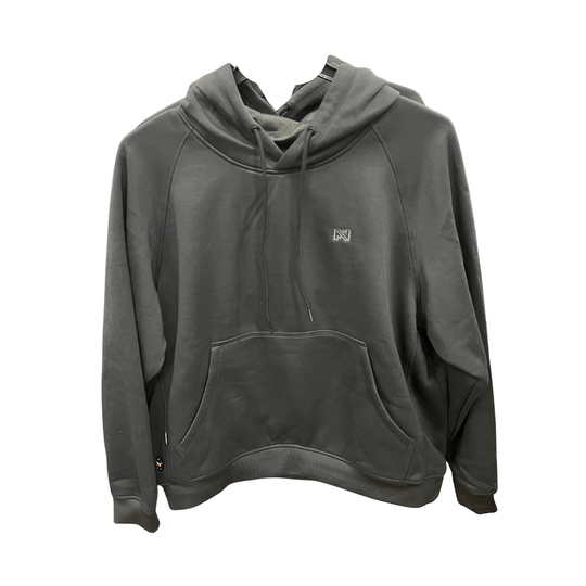 Dark gray pullover hoodie with a front kangaroo pocket, drawstring hood, and small chest logo