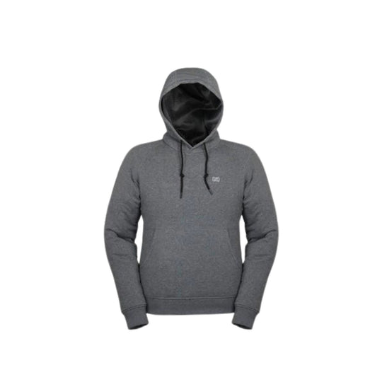Dark gray hooded sweatshirt with black drawstrings and front kangaroo pocket