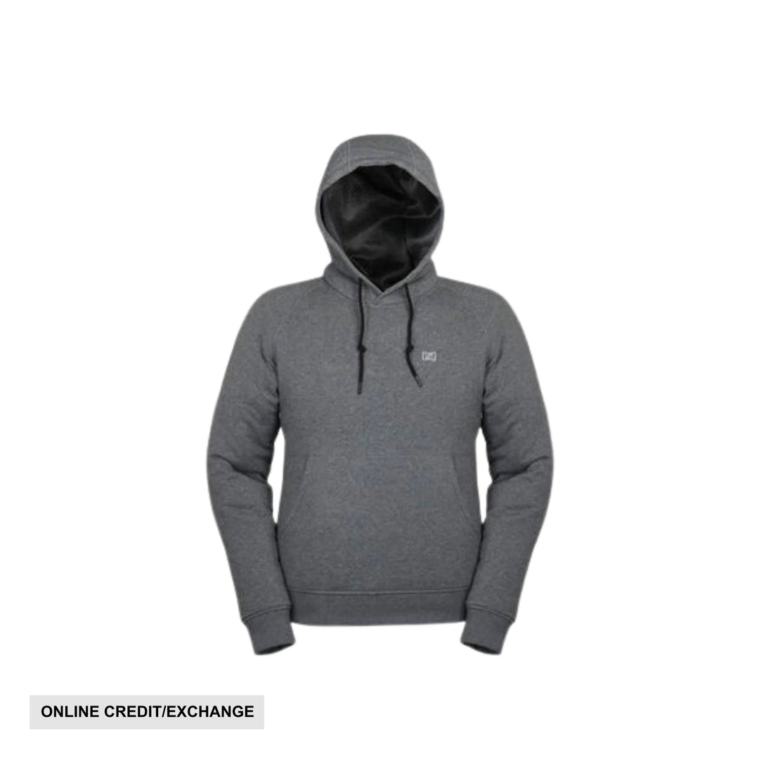 Dark gray hooded sweatshirt with black hood lining and drawstrings