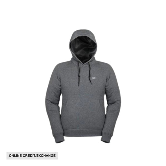 Dark gray hooded sweatshirt with black hood lining and drawstrings