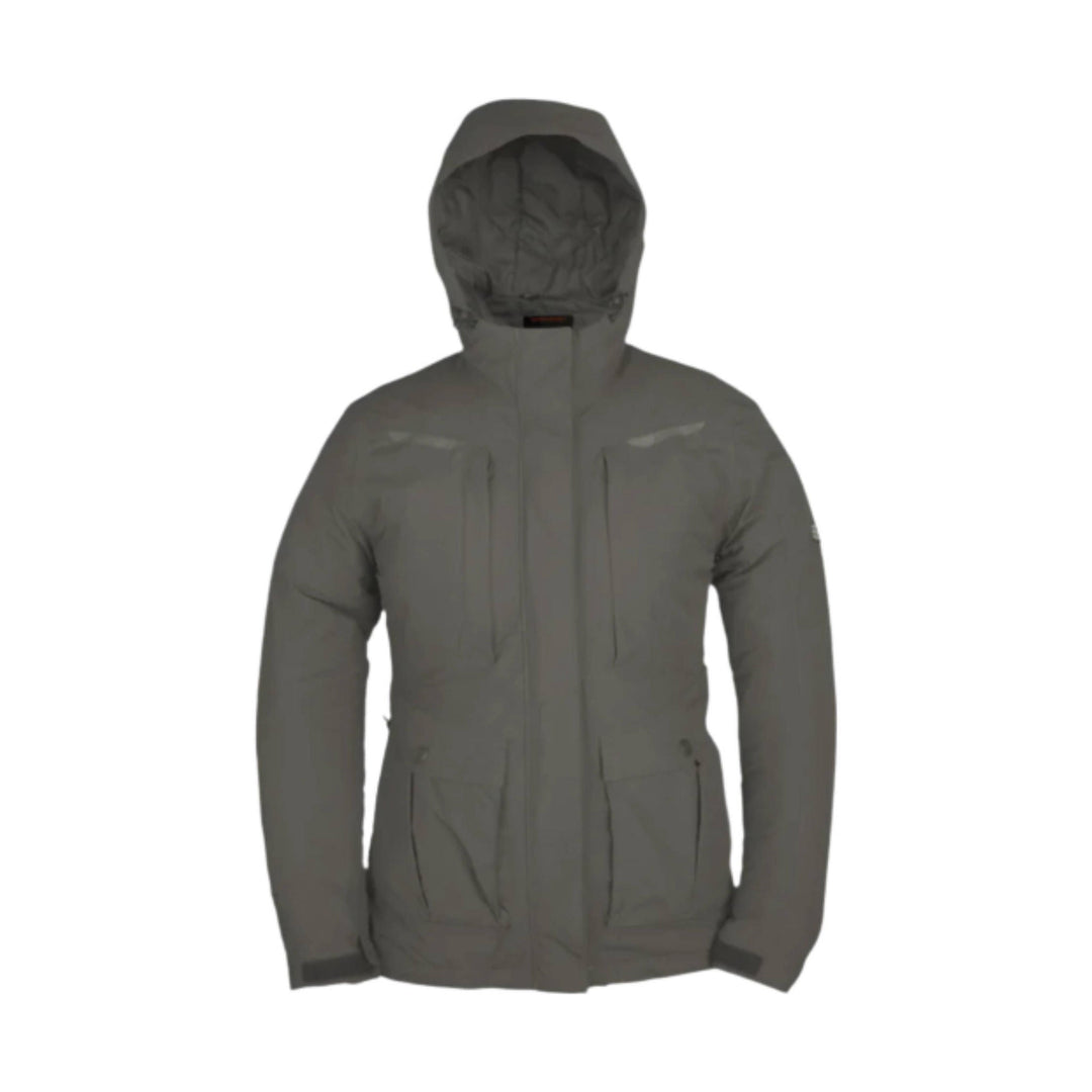 Gray hooded insulated parka with front zipper, chest seams, and multiple front pockets