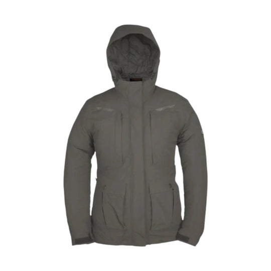 Gray hooded insulated parka with front zipper, chest seams, and multiple front pockets