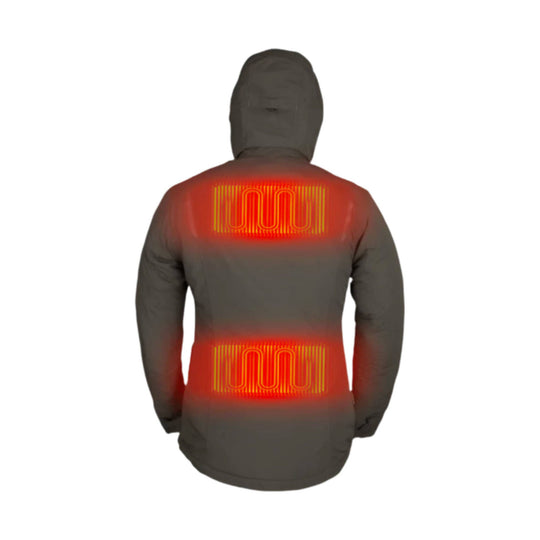 Hooded insulated jacket shown from the back with two glowing heated panels
