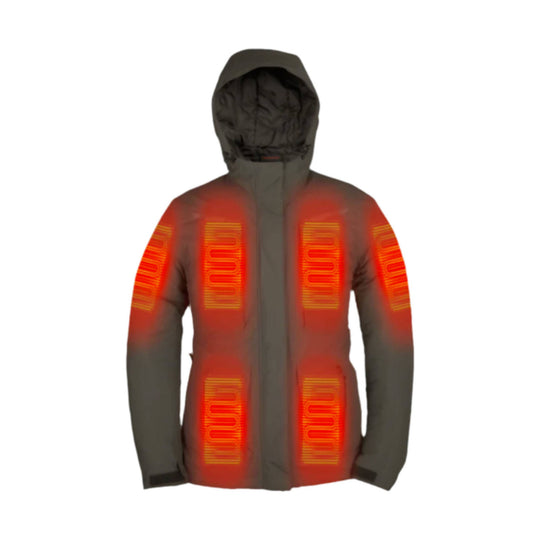 Hooded dark gray insulated jacket with glowing orange heated panels on the chest and lower torso