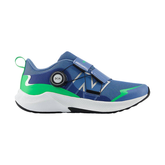 Blue athletic slip-on sneaker with BOA dial, two strap closures, and green accents