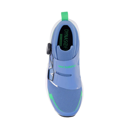 Blue kids' sneaker with BOA dial, green pull tab, and mesh toe