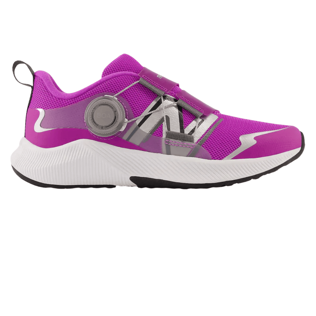 Magenta low-top athletic shoe with BOA dial, gray overlays, white midsole, and black outsole.