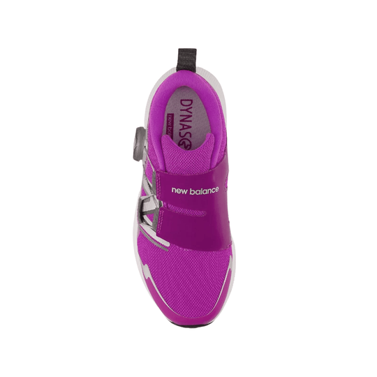 Top view of a bright pink and purple athletic shoe with a side dial closure, white sole, and black heel pull tab.