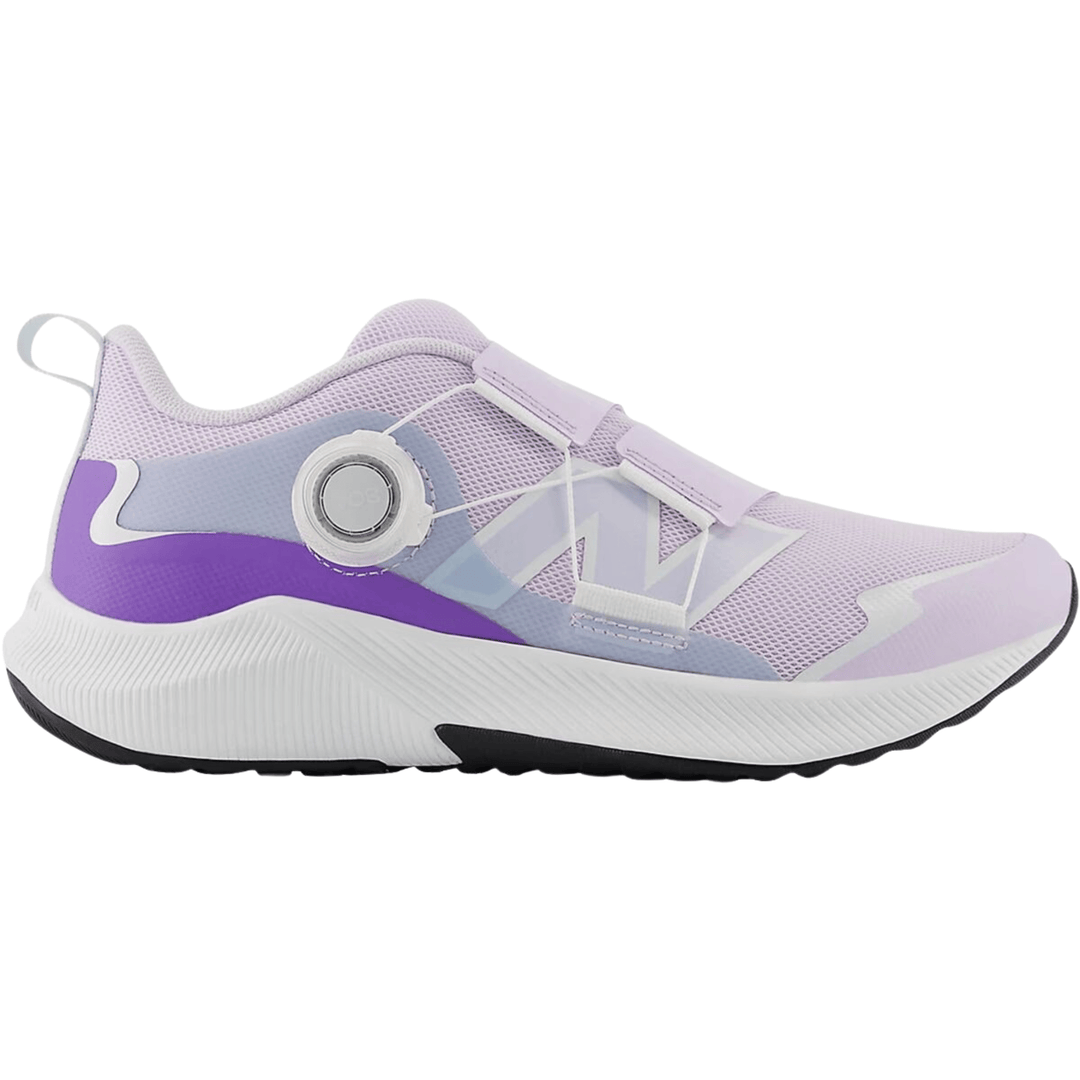 Lilac and lavender kids' athletic sneaker with BOA dial closure, mesh upper, and white cushioned sole